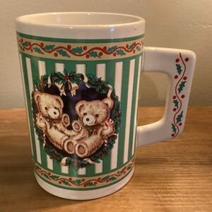 Teddy Bear Large Mug with Green and White Stripes